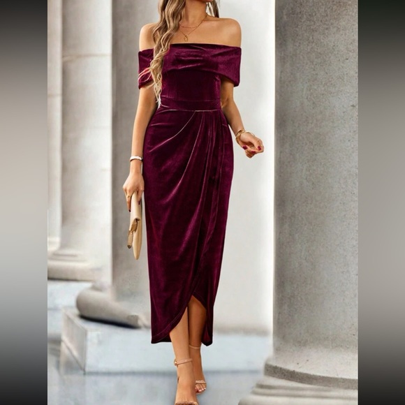 Luxe off shoulder wrap party prom wedding gown velvet dress - Picture 8 of 8
